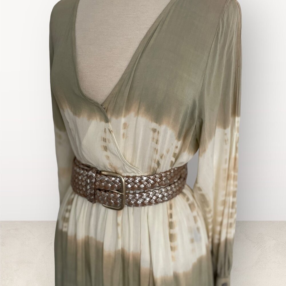AAKAA beige tan tiedye MAXI dress boho chic GYPSET THIGH SLIT medium lightweight - Picture 7 of 12